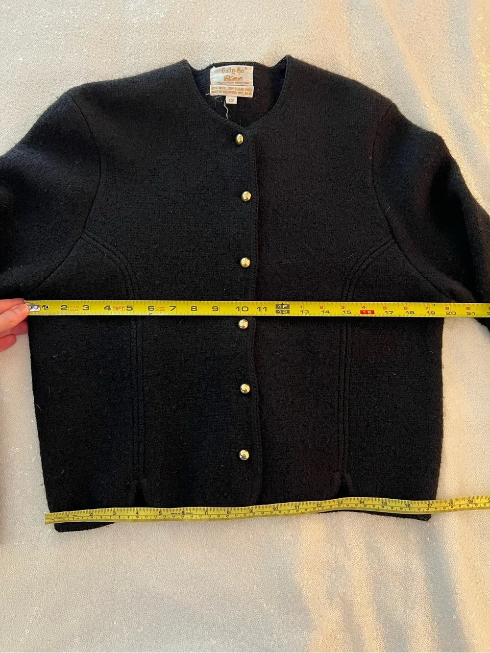 Vintage 1990s Tally Ho Black Cardigan Jacket with Gold Buttons and Scalloped Hem
